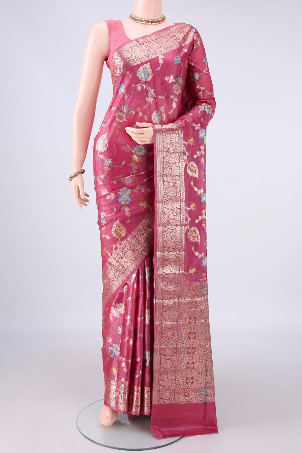 Pink Banarasi Tussar Saree with Zari And Thread Butta on the body and Zari And Thread Border.  displayed on a mannequin