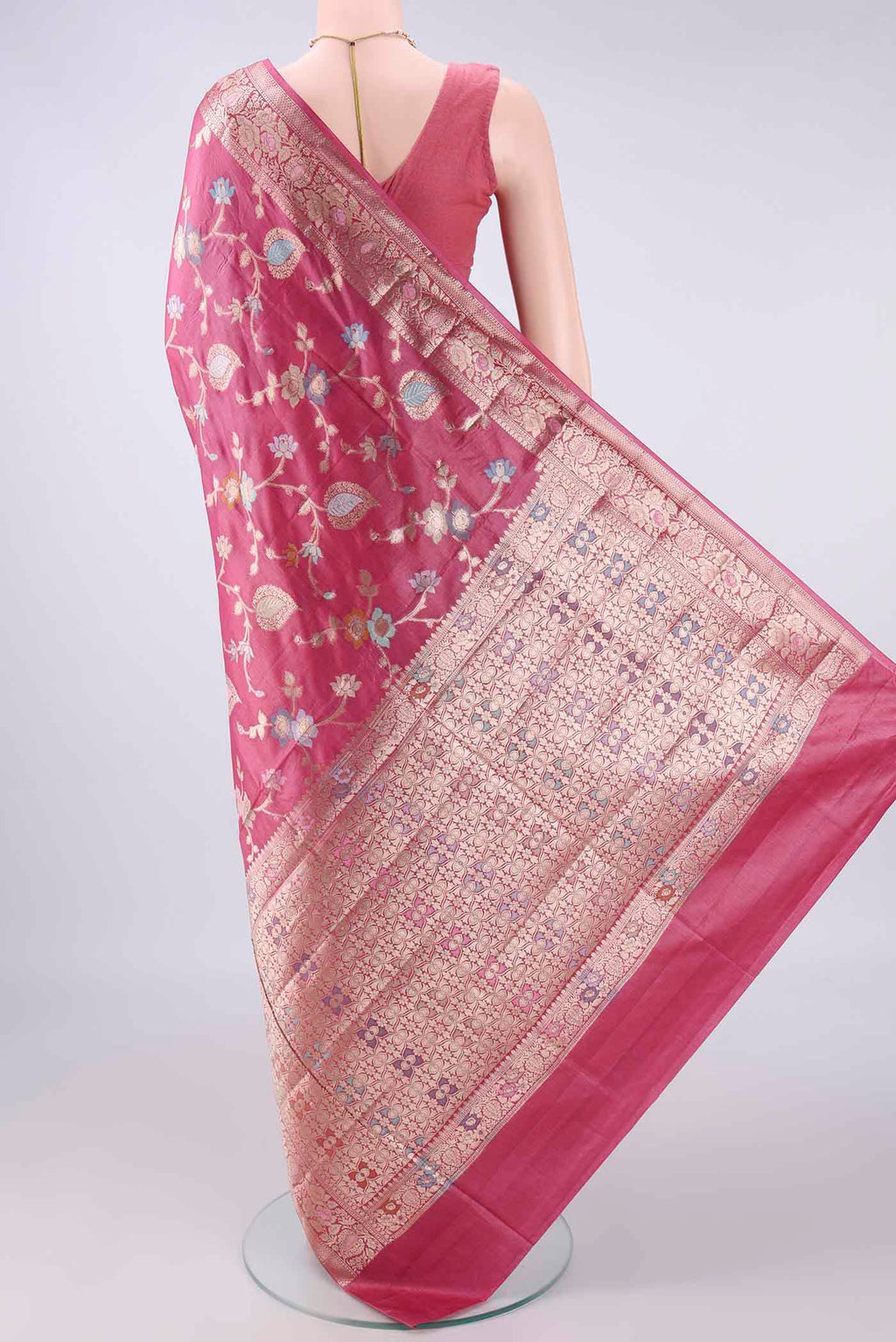 Flat view of Pink Banarasi Tussar Saree with Zari And Thread Butta on the body and Zari And Thread Border. 