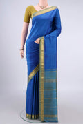 Pure Silk Blue Kanjivaram Saree with Plain Body and Zari Border.  displayed on a mannequin