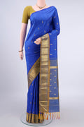 Pure Silk Blue Kanjivaram Saree with Zari Butta on the body and One Side Border.  displayed on a mannequin