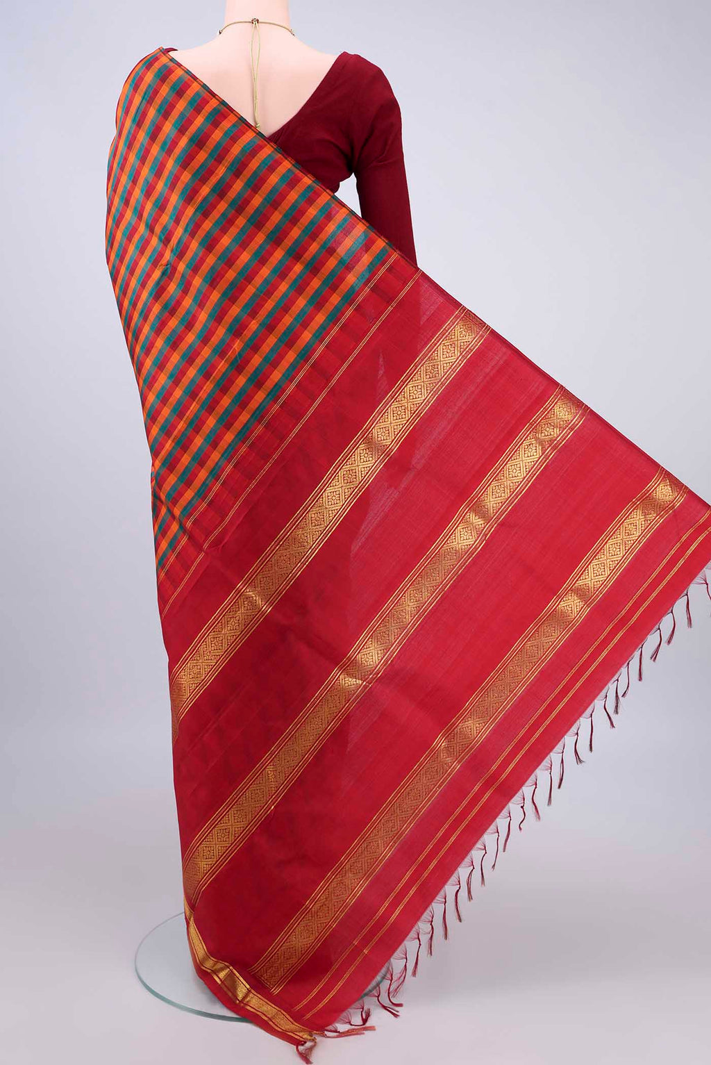Flat view of Pure Silk Multi Color Kanchipuram Saree with Checked design on the body and One Side Border. 