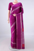 Pure Silk Magenta Dual Tone Kanjivaram Saree with Thread Butta on the body and Thread Border.  displayed on a mannequin
