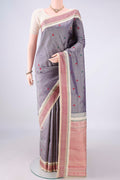 Pure Silk Blue Grey Kanjivaram Saree with Thread Butta on the body and Thread Border.  displayed on a mannequin
