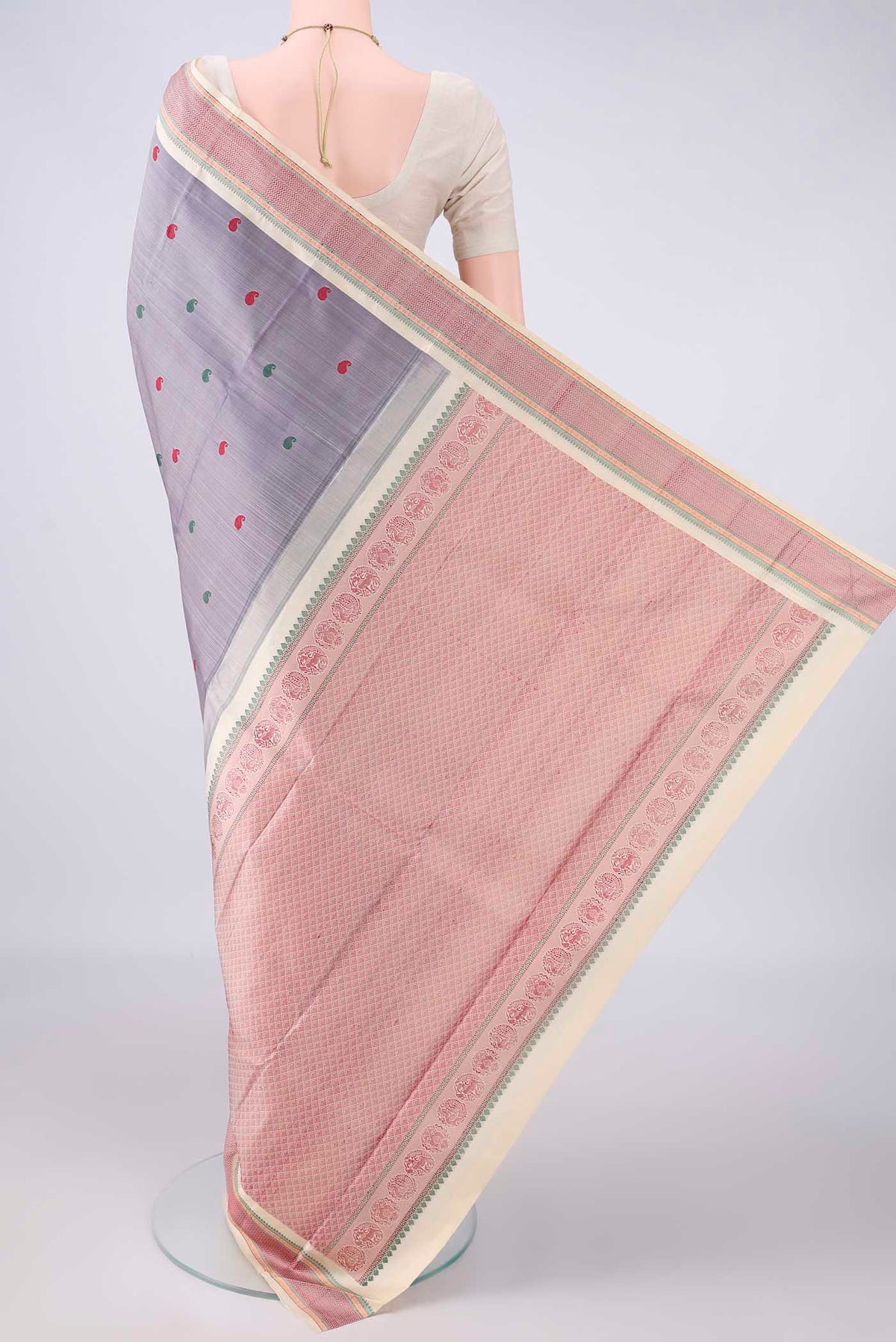 Flat view of Pure Silk Blue Grey Kanjivaram Saree with Thread Butta on the body and Thread Border. 