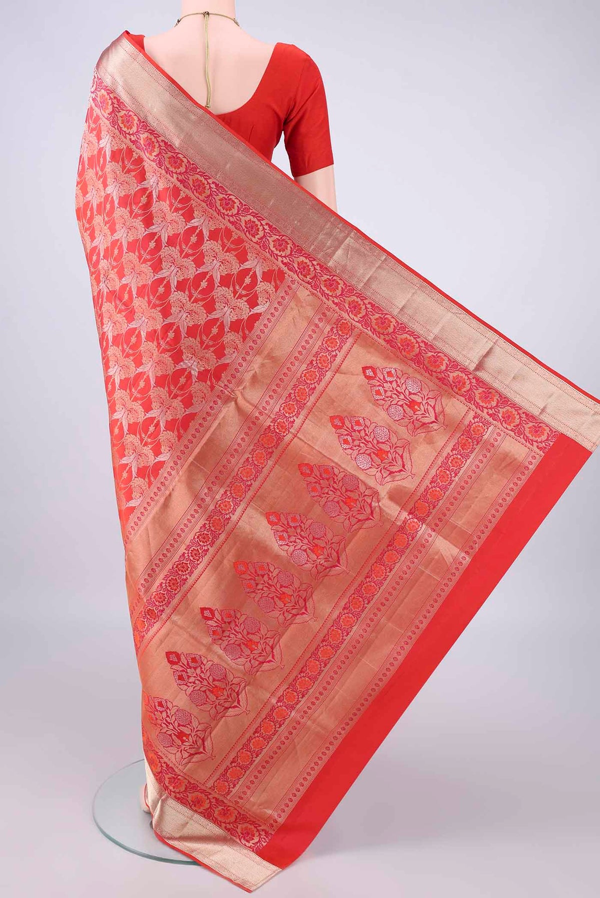 Flat view of Pure Silk Brick Orange Dual Tone Soft Saree with Zari Brocade on the body and Zari Border. 