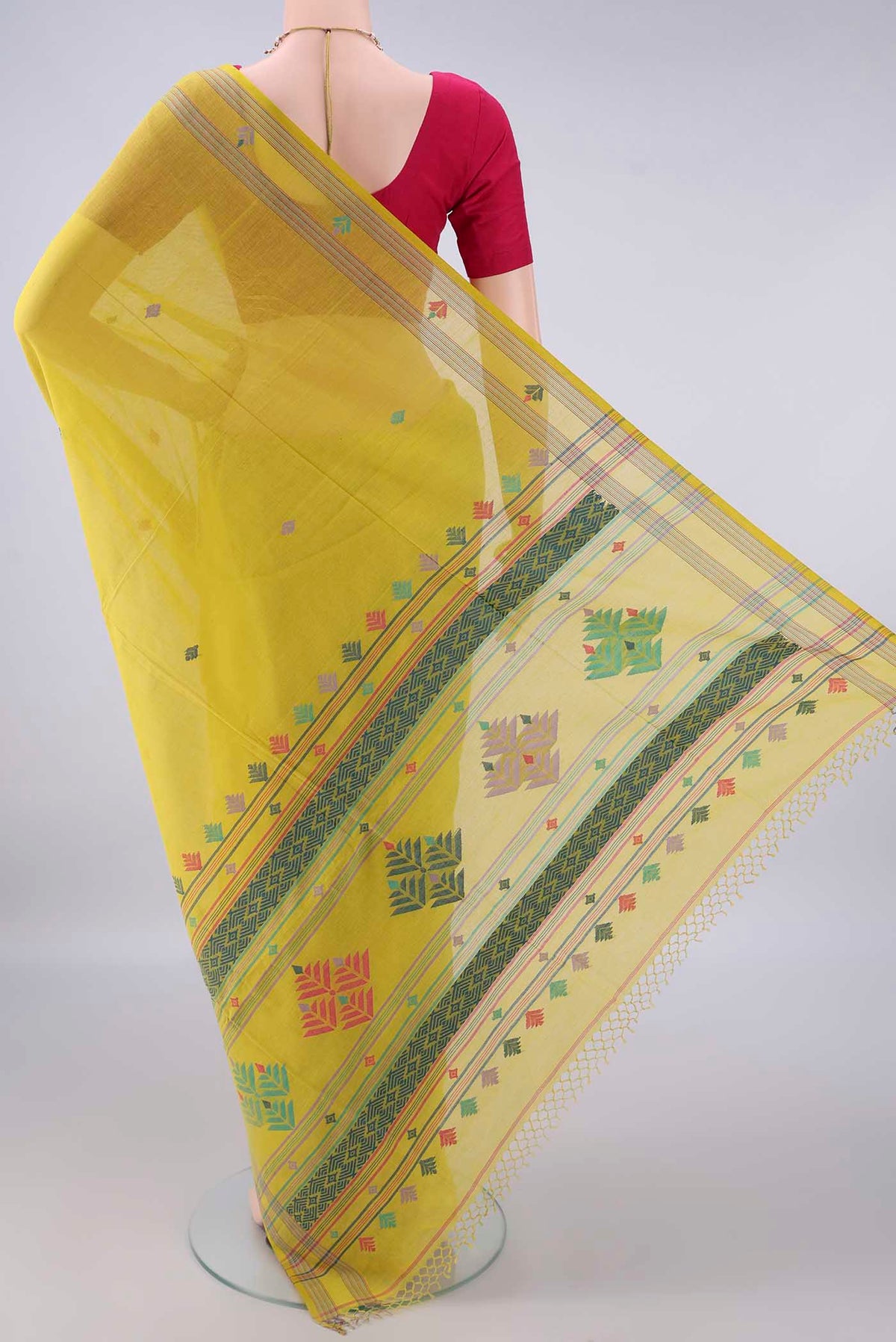 Flat view of Lemon Yellow Bengal Cotton Saree with Thread Butta on the body and Plain Border. 