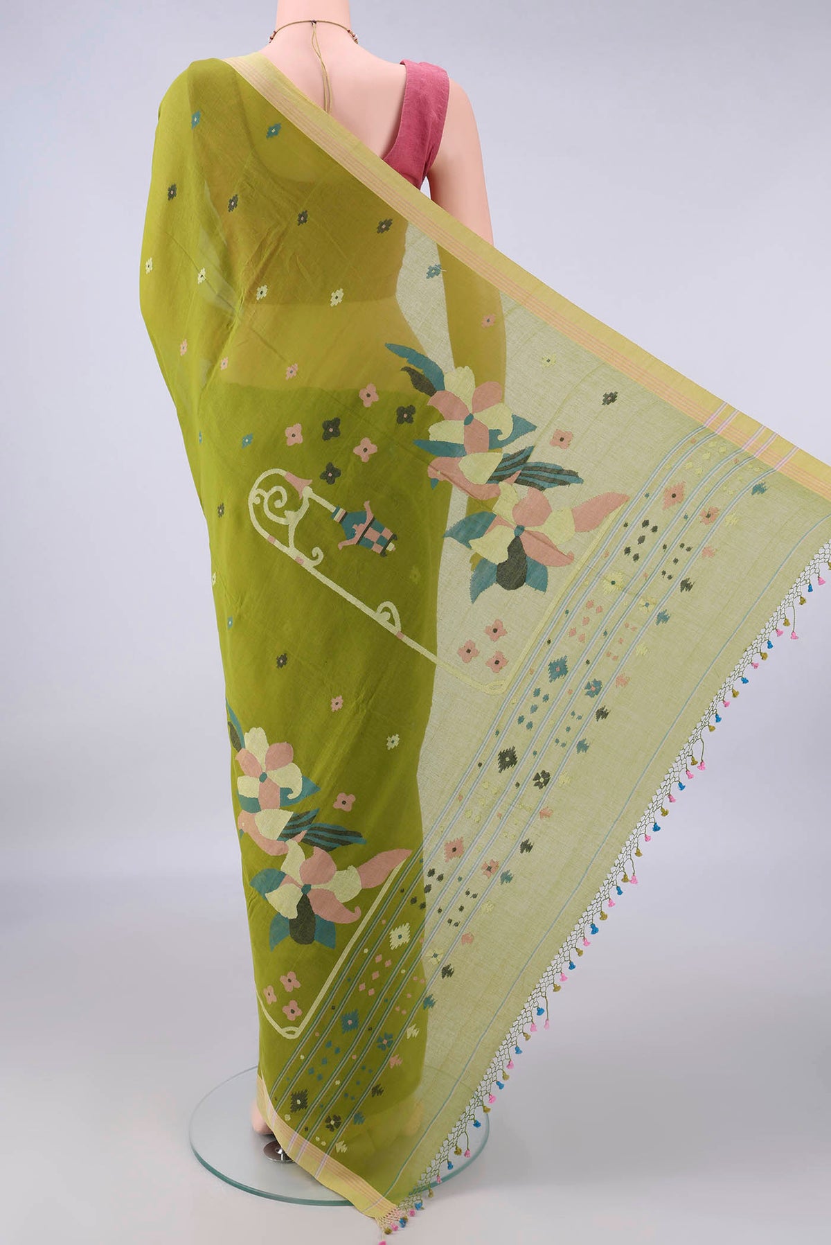 Flat view of Mehandi Green Bengal Cotton Saree with Thread Butta on the body and Plain Border. 