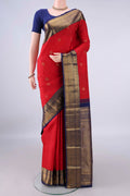 Pure Silk Red Kanchipuram Saree with Zari Butta on the body and Zari Border.  displayed on a mannequin