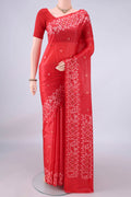 Red Banarasi Tussar Saree with Jamdani on the body and Zari And Thread Border.  displayed on a mannequin