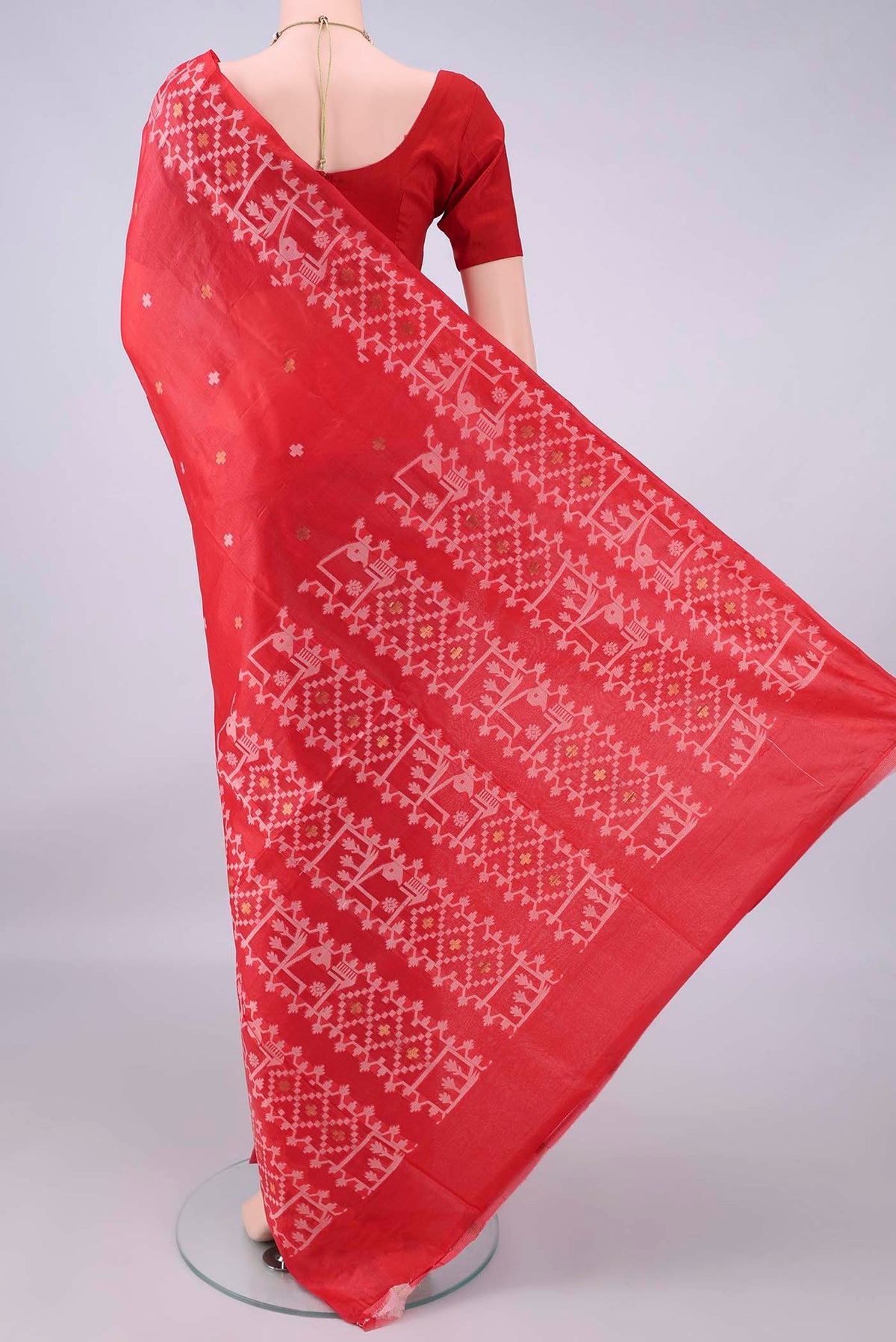 Flat view of Red Banarasi Tussar Saree with Jamdani on the body and Zari And Thread Border. 
