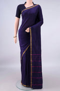 Pure Silk Navy Blue Kanchipuram Saree with Plain Body and Zari Border.  displayed on a mannequin