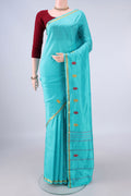 Pure Silk Sky Blue Kanchipuram Saree with Plain Body and Zari And Thread Border.  displayed on a mannequin