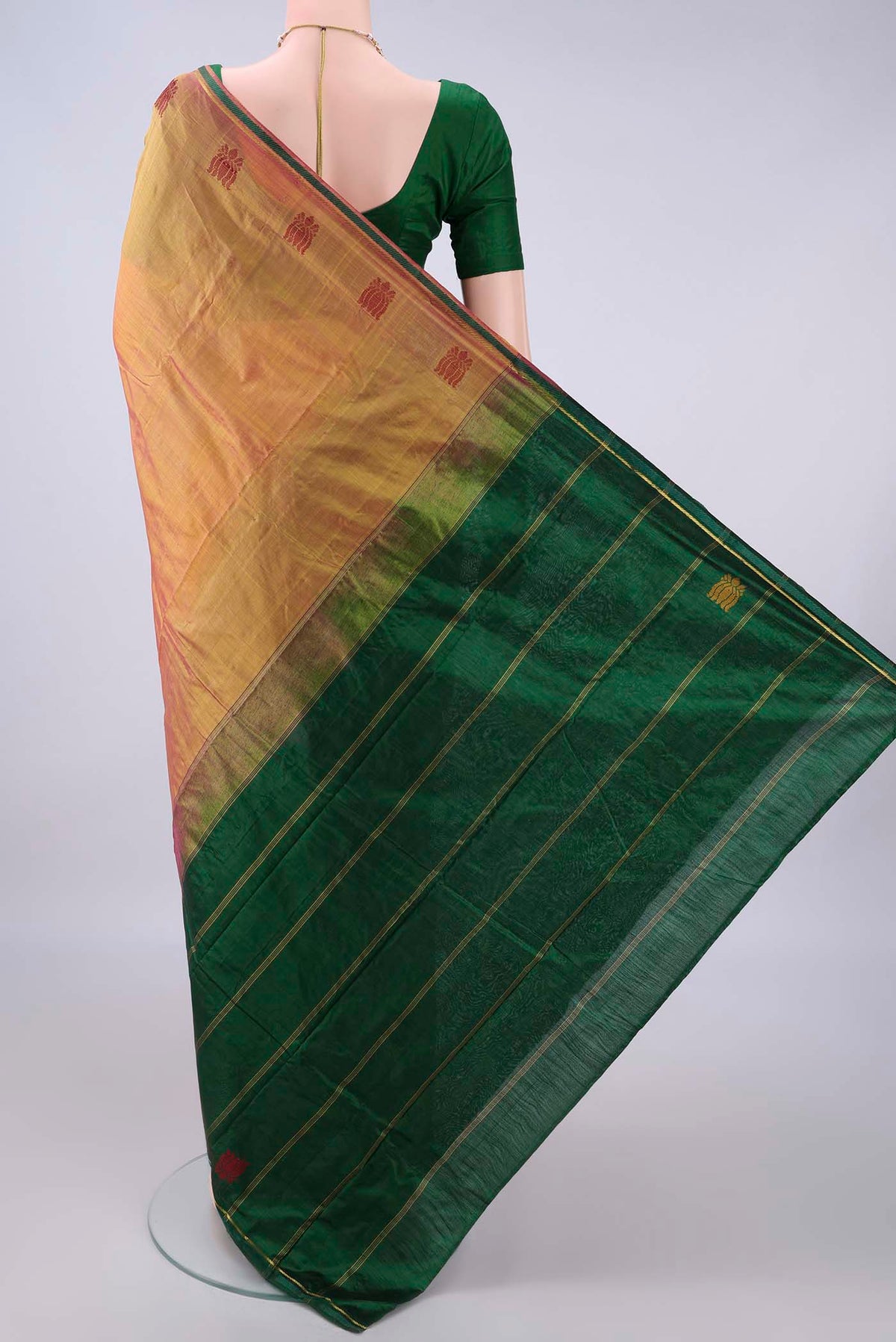 Flat view of Pure Silk Mustard Kanchipuram Saree with Plain Body and Zari Border. 