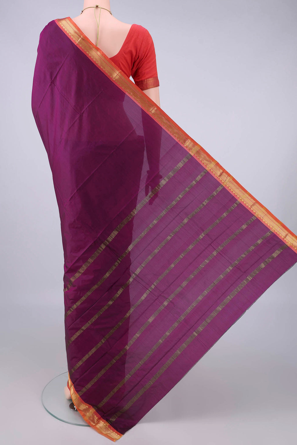 Flat view of Magenta Blended Bangalore Silk Saree with Plain Body and Zari Border. 