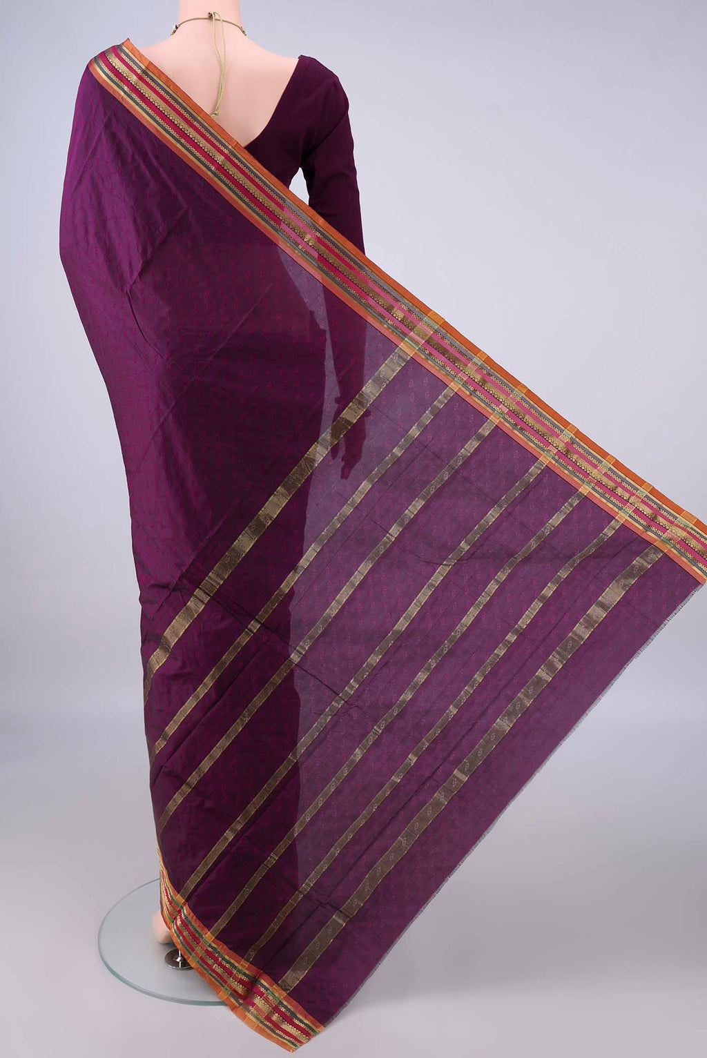 Flat view of Burgundy Blended Bangalore Silk Saree with Jacquard design on the body and Zari Border. 