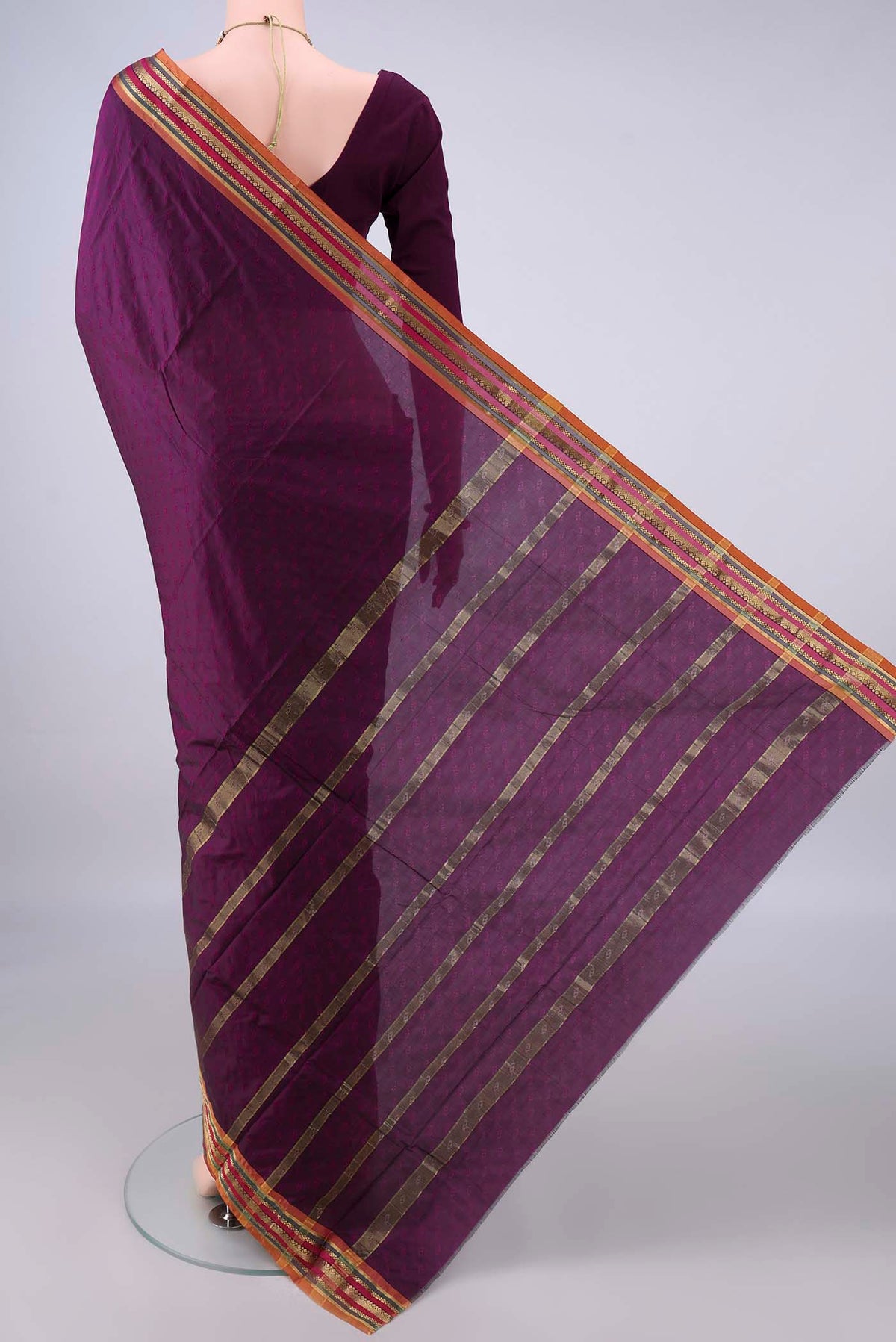 Flat view of Burgundy Blended Bangalore Silk Saree with Jacquard design on the body and Zari Border. 