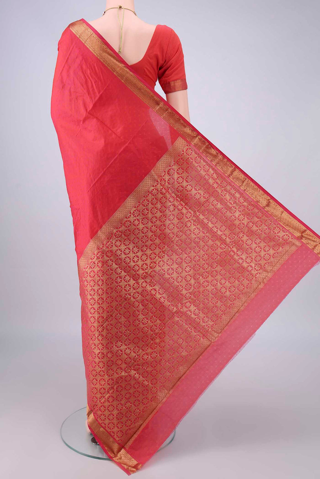 Flat view of Brick Orange Blended Bangalore Silk Saree with Jacquard design on the body and Zari Border. 