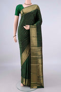 Pure Silk Bottle Green Kanchipuram Saree with Stripes on the body and Zari Border.  displayed on a mannequin
