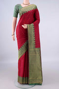 Pure Silk Deep Red Kanjivaram Saree with Zari Butta on the body and Zari Border.  displayed on a mannequin