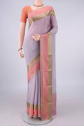 Lilac Mysore Crepe Saree with Plain Body and Zari Border.  displayed on a mannequin