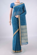 Blue Kanchi Cotton Saree with Stripes on the body and Thread Border.  displayed on a mannequin