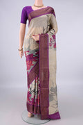 Beige Tussar Saree with Printed design on the body and Zari Border.  displayed on a mannequin