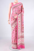 Rose pink Mysore Crepe Saree with Printed design on the body and Printed Border.  displayed on a mannequin