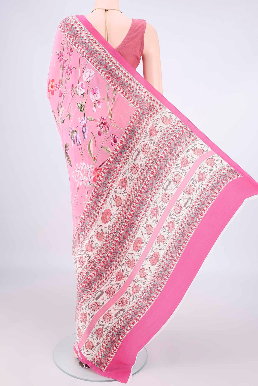 Flat view of Rose pink Mysore Crepe Saree with Printed design on the body and Printed Border. 
