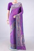 Pure Silk Purple Banarasi Saree with Zari Butta on the body and Meenakari Border.  displayed on a mannequin