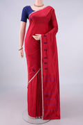 Pure Silk Red Kanchipuram Saree with Plain Body and Thread Border.  displayed on a mannequin