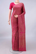 Pure Silk Rani Pink Banarasi Tanchoi Saree with Thread Brocade on the body and Thread Border.  displayed on a mannequin