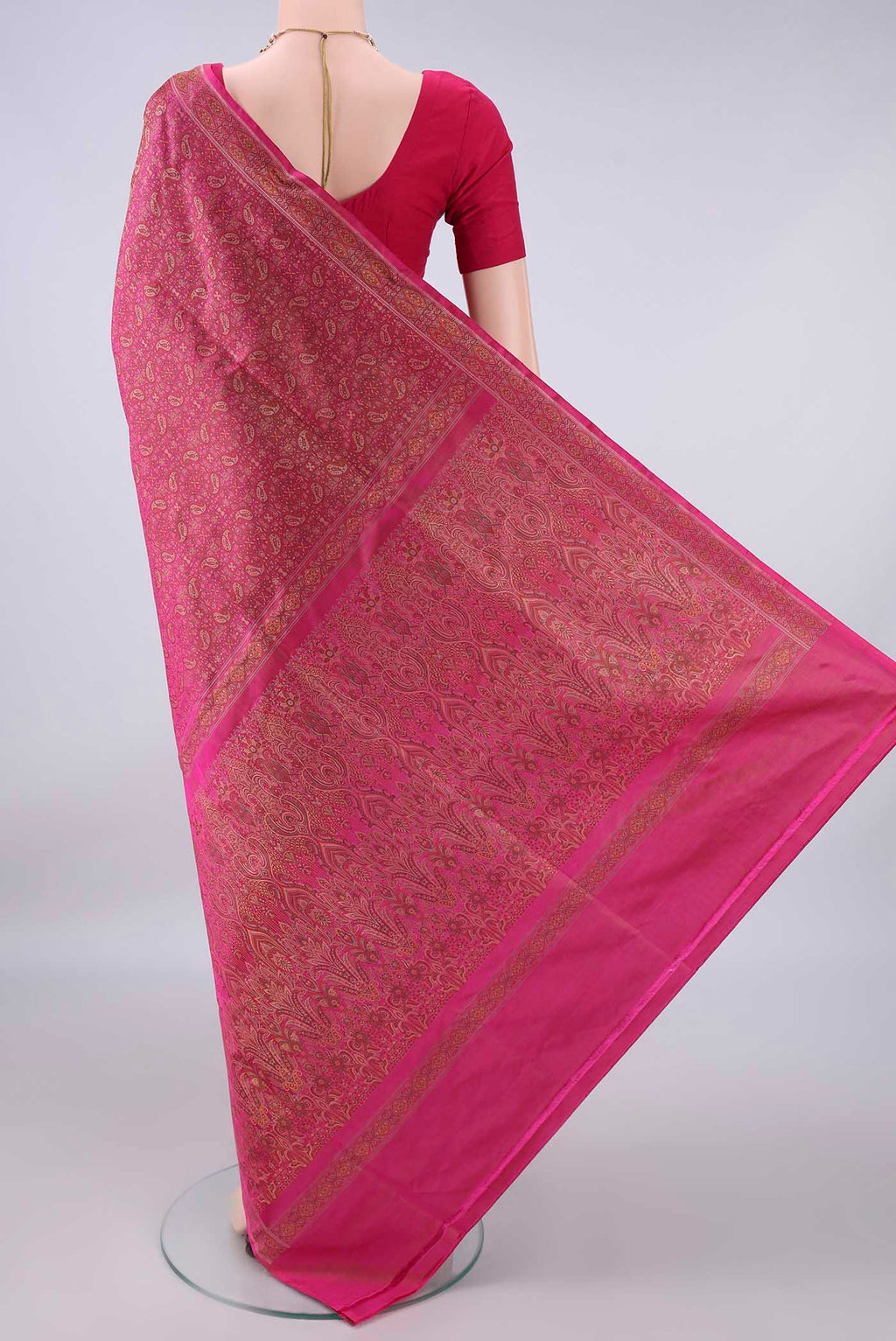 Flat view of Pure Silk Rani Pink Banarasi Tanchoi Saree with Thread Brocade on the body and Thread Border. 