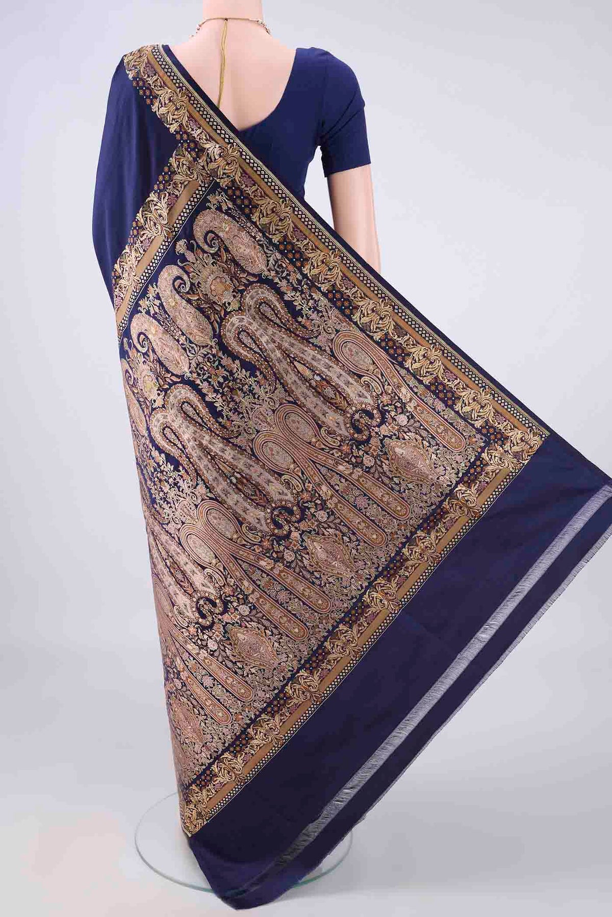 Flat view of Navy Blue Banarasi Saree with Plain Body and Thread Border. 