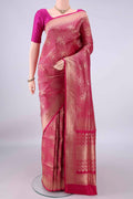 Pure Silk Rani Pink Banarasi Saree with Zari Brocade on the body and Zari Border.  displayed on a mannequin