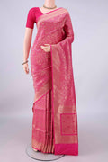 Pure Silk Rani Pink Banarasi Saree with Zari Brocade on the body and Zari Border.  displayed on a mannequin