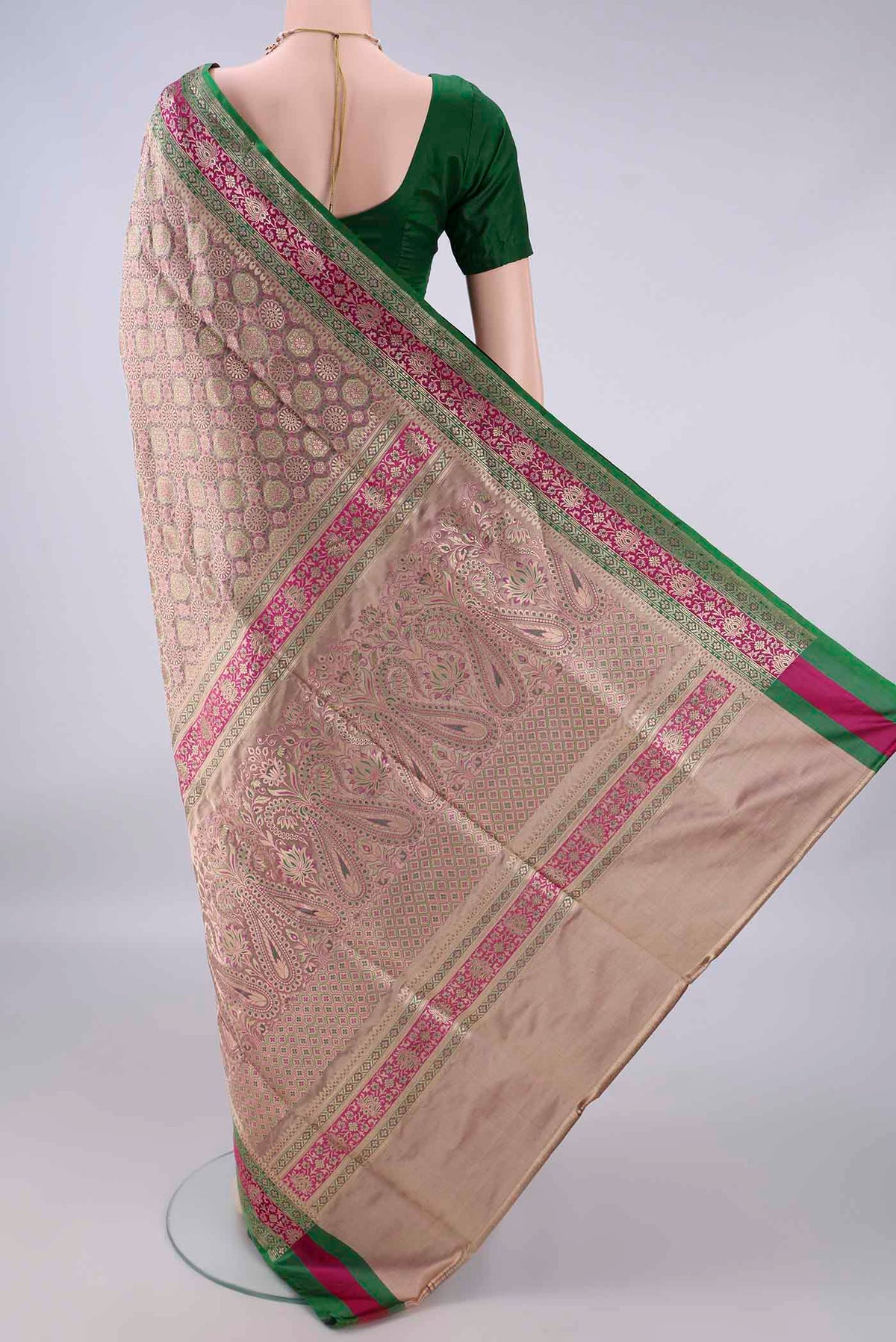 Flat view of Pure Silk Beige Banarasi Saree with Zari Brocade on the body and Zari Border. 