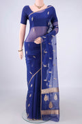 Royal Blue Organza Saree with Zari Butta on the body and Thin Zari Line.  displayed on a mannequin