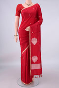 Pure Silk Red Banarasi Katan Saree with Zari Butta on the body and Zari Border.  displayed on a mannequin