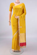 Pure Silk Yellow Banarasi Katan Saree with Zari Butta on the body and Zari Border.  displayed on a mannequin