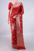 Pure Silk Red Banarasi Raw Saree with Zari And Thread Butta on the body and Zari And Thread Border.  displayed on a mannequin