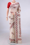 Pure Silk Beige Kantha Saree with Kantha Work on the body and Thread Border.  displayed on a mannequin