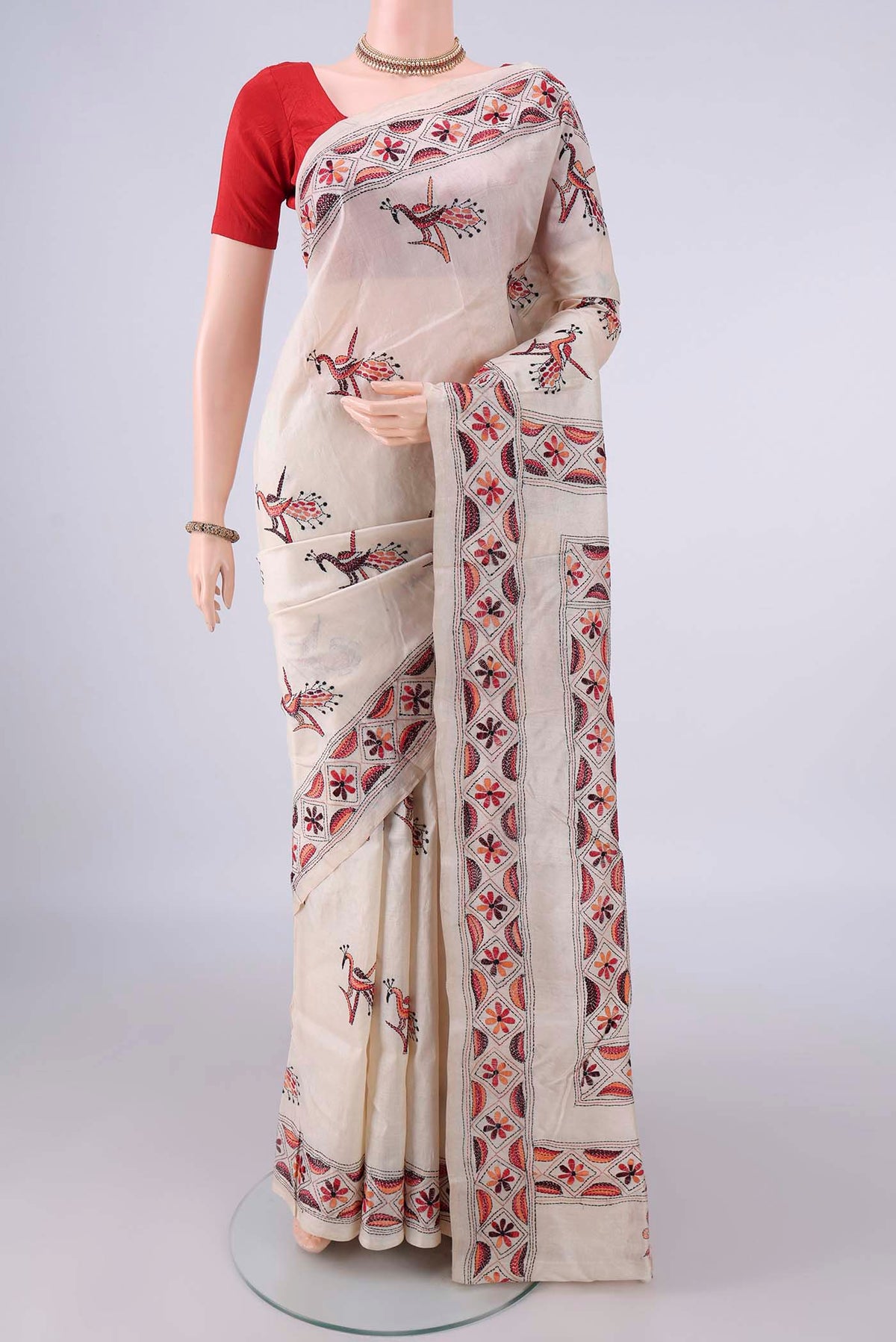 Pure Silk Beige Kantha Saree with Kantha Work on the body and Thread Border.  displayed on a mannequin
