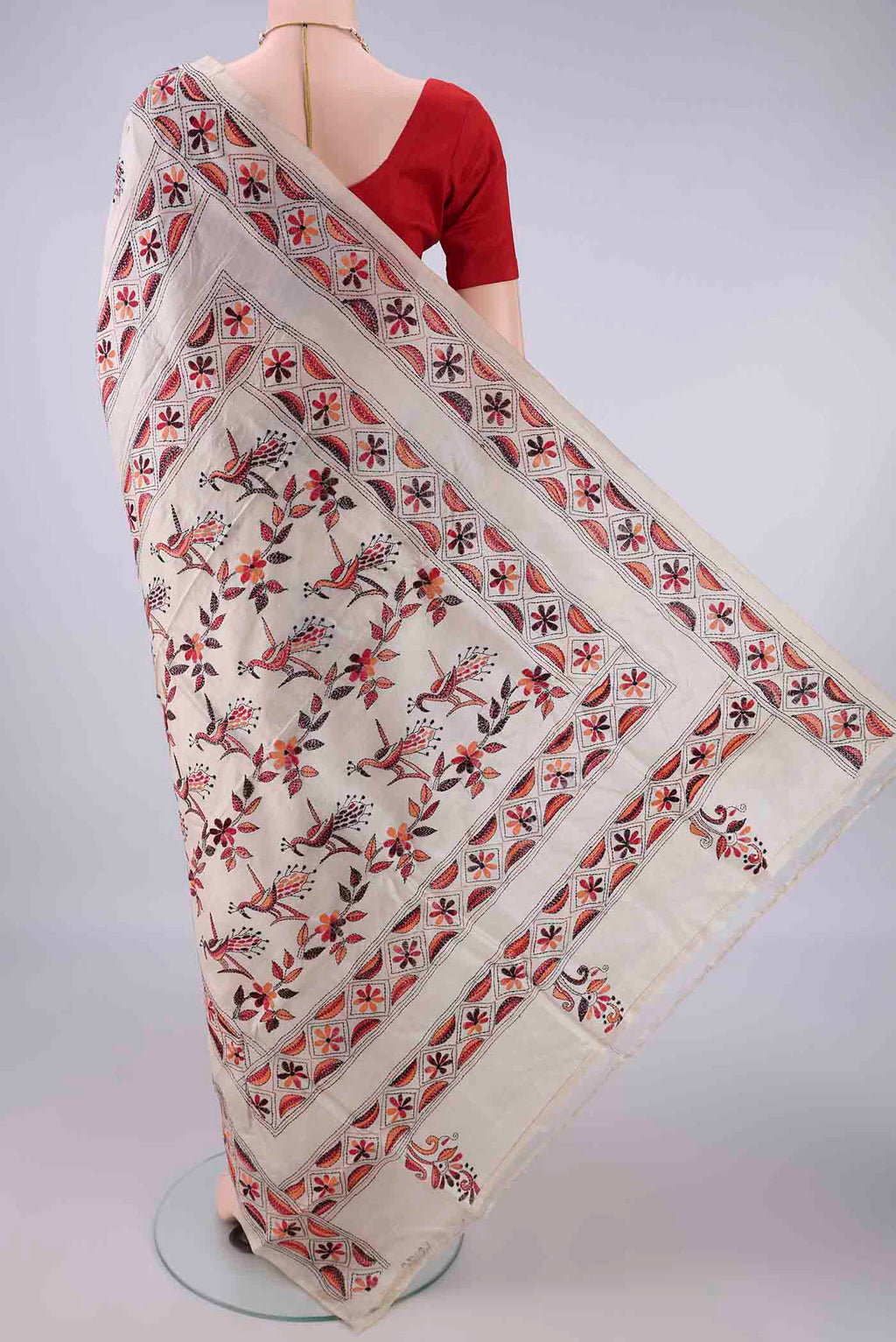 Flat view of Pure Silk Beige Kantha Saree with Kantha Work on the body and Thread Border. 