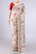 Pure Silk Cream Kantha Saree with Kantha Work on the body and Thread Border.  displayed on a mannequin