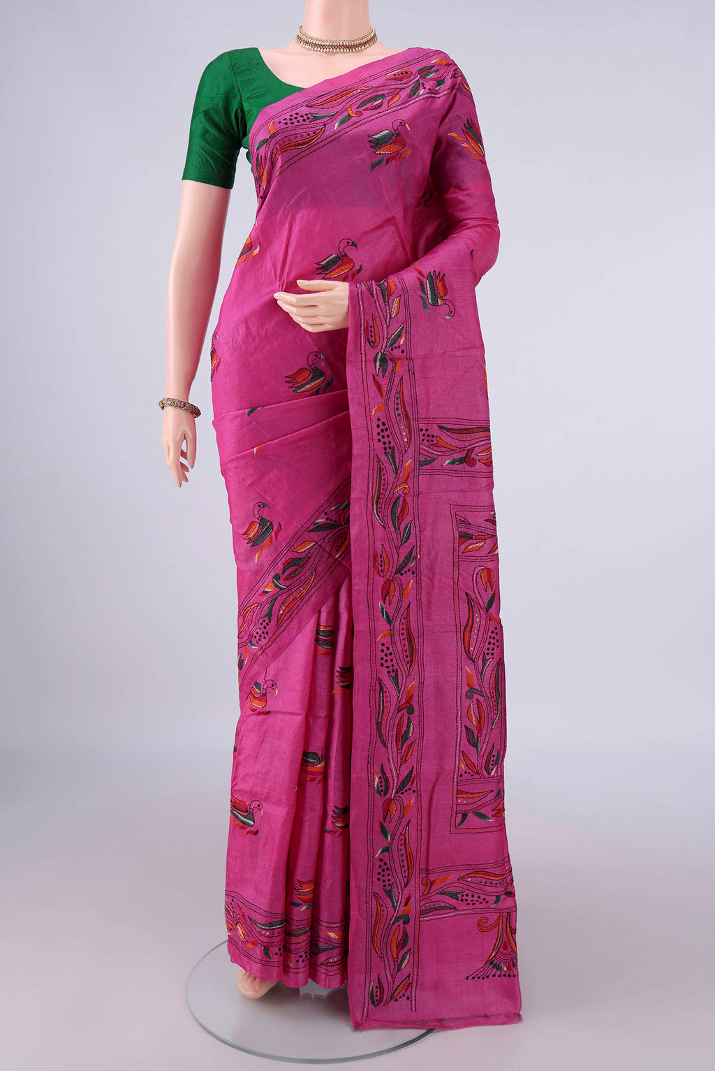 Pure Silk Pink Kantha Saree with Kantha Work on the body and Thread Border.  displayed on a mannequin