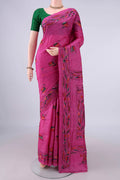 Pure Silk Pink Kantha Saree with Kantha Work on the body and Thread Border.  displayed on a mannequin