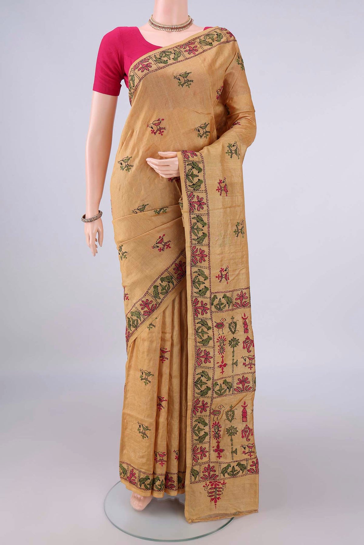 Pure Silk Dark Beige Kantha Saree with Kantha Work on the body and Thread Border.  displayed on a mannequin
