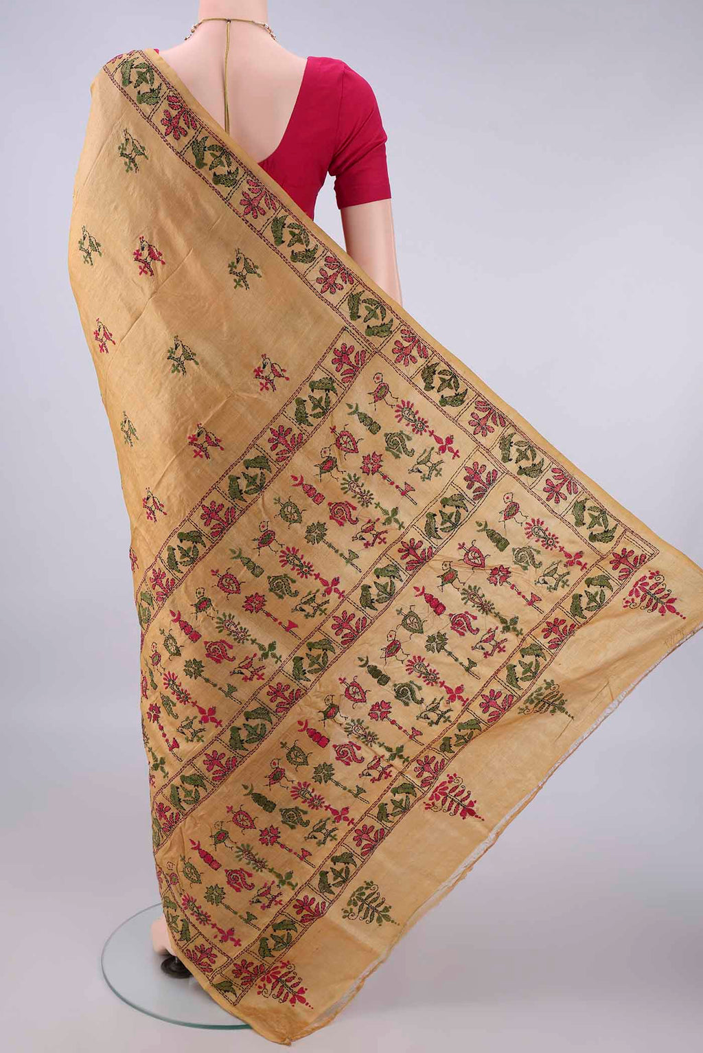 Flat view of Pure Silk Dark Beige Kantha Saree with Kantha Work on the body and Thread Border. 