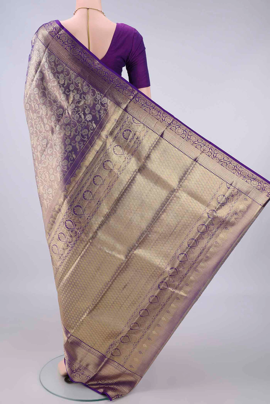 Flat view of Purple Dual Tone Kanjivaram Tissue Saree with Zari Brocade on the body and Zari Border. 