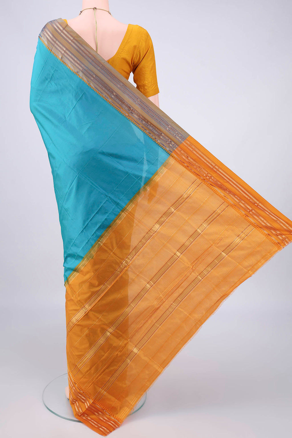 Flat view of Pure Silk Sea Green Narayanpet Saree with Plain Body and Zari Border. 